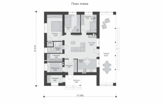 Одноэтажный дом с тремя спальнями, кухней-гостиной и террасой